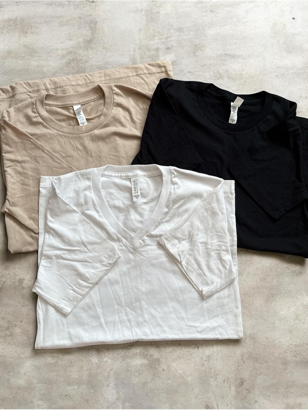 Bella Canvas V-Neck and Round Neck Tee Set of 3 White, Black & Beige Size XSM